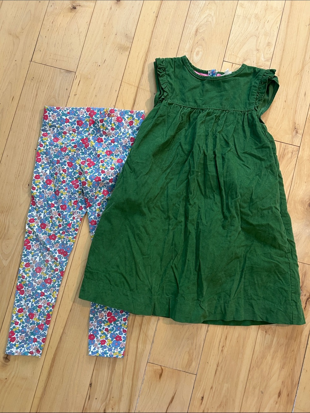 Mini Boden Easy Everyday Dress in Green Corduroy with matching leggings